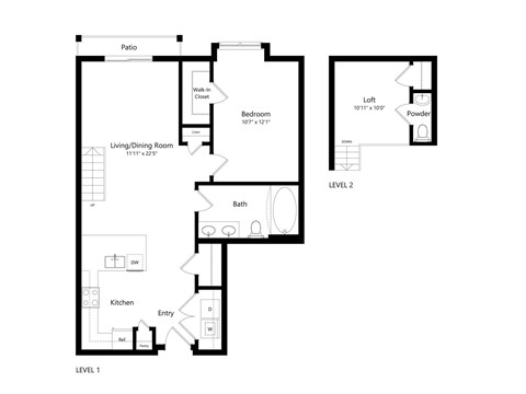 A black and white image of a floor plan for a two level home.